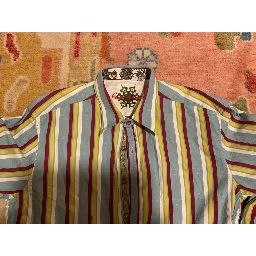 Robert Graham Mens Blue Red Yellow Striped Paisley Jacquard Button Down Shirt L